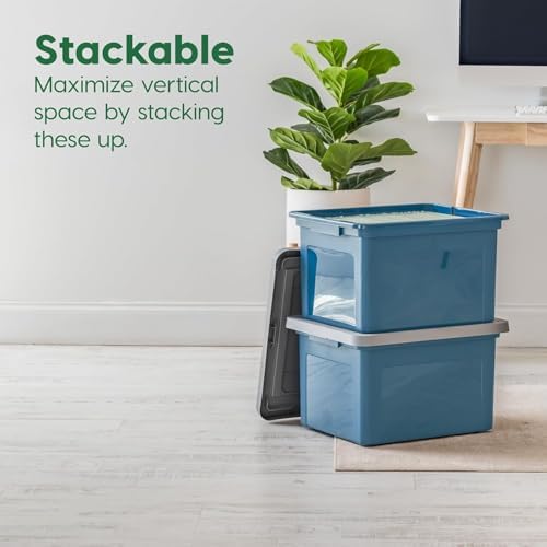 Bundle of IRIS USA 6 Gallon Plastic Wastebasket 3-Pack + 20 Gallon Lockable Storage Bins 4-Pack + 35 Qt File Box 4-Pack Eco Friendly Sustainable, Navy Made with Recycled Materials