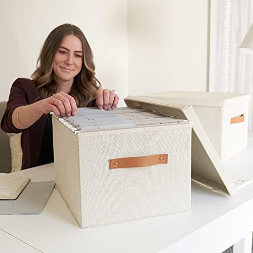 Decorative File Organizer Box Set of 2 - Collapsible Linen Filing Cabinets | Stores Documents and Hanging File Folders - Portable Office Crates with Lid and Handles for Easy Slide Access