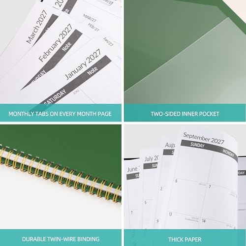 2027-2031 Monthly Planner, 5 Year Monthly Planner/Calendar 2027-2031, 60-Month Jan 2027 – Dec 2031, 9" x 11", Tabs, Double-Side Pocket, Holidays, Thick Paper - Dark Green