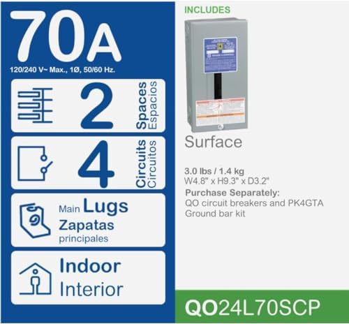 Square D - QO24L70SCP QO 70-Amp 2-Space 4-Circuit Indoor Main Lugs Load Center with Surface Mount Cover
