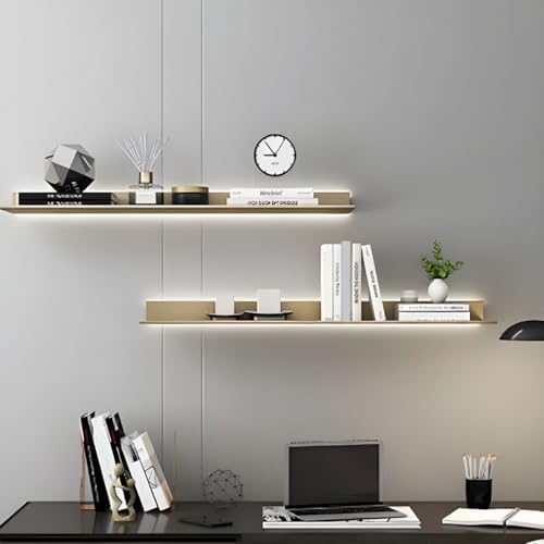 Modern Metal Bookcase Wall Mounted Floating Bookshelf Aluminum Alloy Storage Shelf, Display L-shaped Bookshelf Wall-mounted Rack (Without Lights) Partition Shelf Gold 31.5"L x 9.1"W x 2.9"H