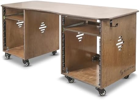 Sound Town DIY Music Studio Rack Desk Workstation with 2 X 13U Side Cabinets, Two Slide-Out Trays, Casters, Plywood, Weathered Brown for Recording Room, Home Studio (SDRK-WS69)