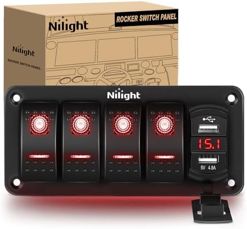 Nilight 4 Gang Rocker Switch Panel with Dual USB Socket Voltmeter