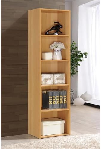 Pemberly Row 5-Shelf Wooden Bookcase, Beige Finish, Slim Design, 59 in H x 15.9 in W x 11.8 in D, Contemporary Style, Multi-Purpose Storage for Office, Bedroom, Kids Room, or Entryway