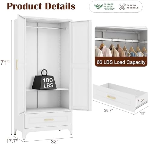 SteeLoong 71”H Metal Wardrobe Cabinet,Armoire Wardrobe Closet with Drawer