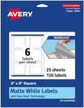 Avery® TrueBlock® Matte White Square Labels, Sure Feed® Technology, 3" x 3", 150 Matte White Labels, Print-to-The-Edge, Laser/Inkjet Printable, Great for Packaging and Product Merchandising