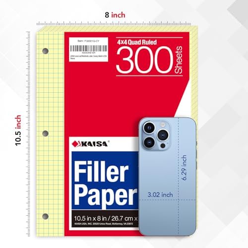 KAISA Loose Leaf Notebook Paper, 4x4 Quad Graph Ruled, 300 Sheets Per Lined Paper, 8" x 10.5", 3 Hole Punched for 3 Ring Binder, Canary, Made In USA