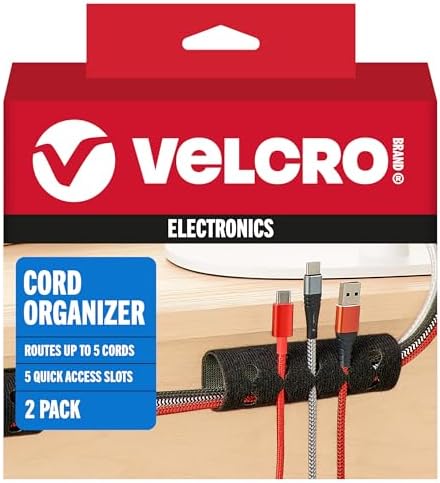 VELCRO Brand Cord Organizer, 5 Cable Slots, Wire Management, Black, 2 Pk