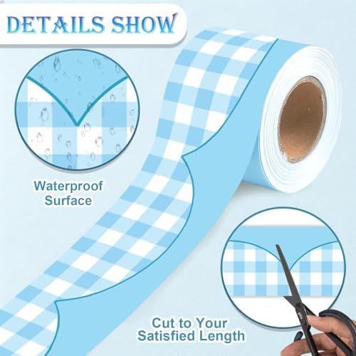 50ft Checkered Bulletin Board Borders, Checkerboard Straight Trim Border with Scalloped Edge Print, Classroom Decor for Chalkboard Whiteboard Back to School Supplies, Blue and White
