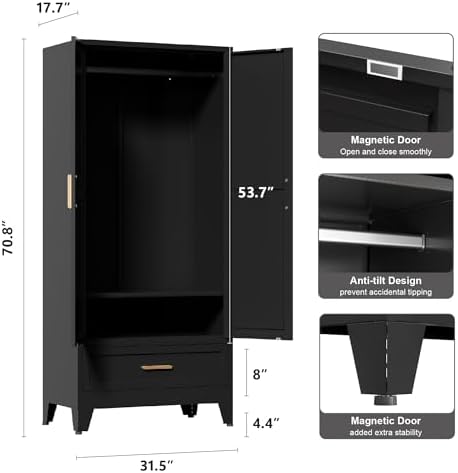 Washsemba 71'' Black Farmhouse Metal Wardrobe Cabinet with Hanging Rod, 2 Barn Door Wardrobe Closet with Adjustable Shelves,Drawer,for Dining Room,Bedroom,Living Room, Cloak Room,Office