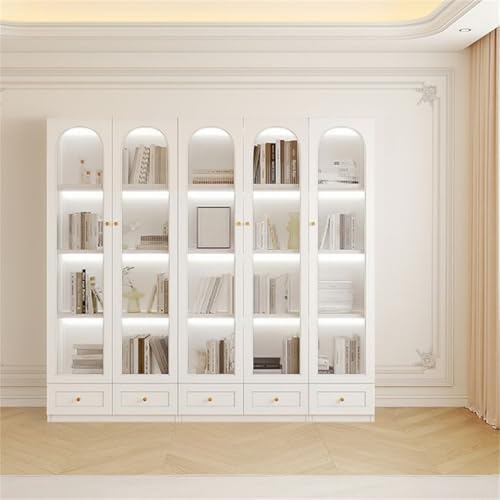4-Tier Wood Barrister Bookcase with Multiple Drawers & Shelves Bookcase Bookshelf Integrated Home Living Room Study Cabinet Modern Display Cabinet Shelf White 79" L x 13" W x 79" H