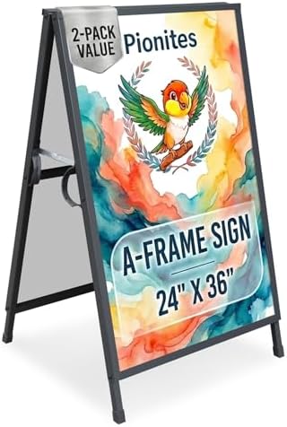 Pionites Heavy Duty Slide-in Folding A Frame Sign Sidewalk Sign 24x 36 Inch Steel Metal Double-Side Pavement sign Corrugated Plastic Poster (2, Black, 24''X36''(Frame Only))