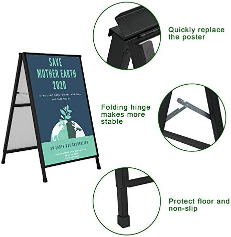 Heavy Duty A-Frame Sidewalk Sign 24 x 36 Inch, Portable Double-Sided Sandwich Board Slide-in Folding Metal Signboard with 2 Plastic Poster Boards