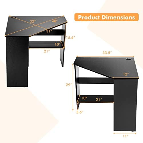 COSTWAY Corner Computer Desk, Space-Saving Triangular Writing Desk w/ 2 Storage Shelves & 2 Cable Holes, Multi-Functional Console Table for Small Space in Home Office, Living Room, Bedroom (Black)