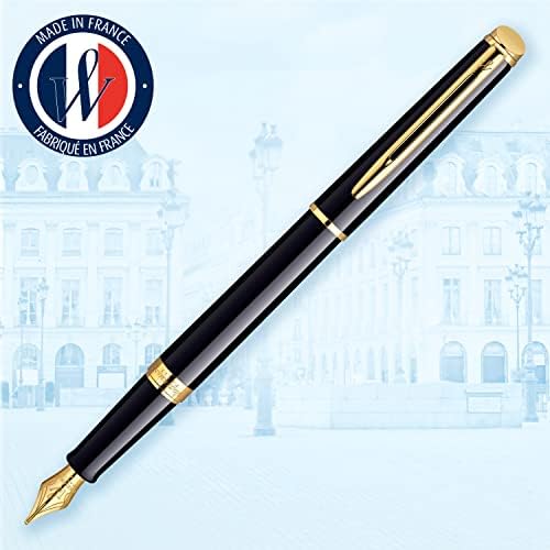 Waterman Hemisphere Fountain Pen Black with Gold Trim Medium Nib Blue Ink Gift Box