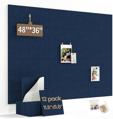 Large Felt Bulletin Board for Walls: 12-Pack Black Cork Board Alternative 11.8x11.8 Inch Peel and Stick Pin Board Wall Decor for Home Organization, Office Memo Board, Self-Adhesive Wall Tiles