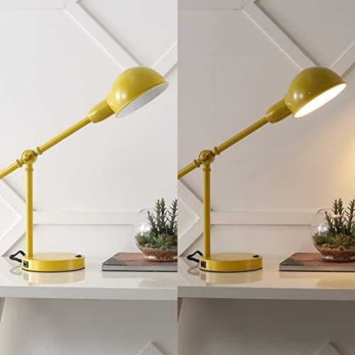 JONATHAN Y 20.25" Yellow Vintage Industrial Iron Adjustable Task Lamp with USB Charging Port for Office Desk, Metal Yellow Dome Shade, LED Bulb Included (JYL7123C)