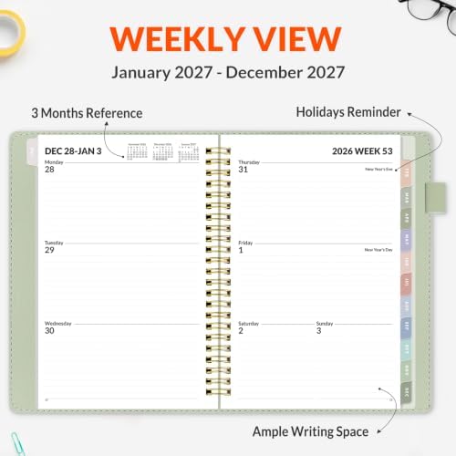 SUNEE 2027 Weekly & Monthly Planner 6.2"x8.5"- 12 Month (January 2027 - December 2027), Vegan Leather Cover, Pocket, Bookmark, Notes, Monthly Tab, Sage Green