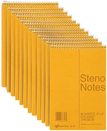 National Brown Board Cover Steno Notebook, Gregg Ruling, Green Eye-Ease Paper, 80 Sheets, 6 x 9.25 x 6 inches, Pack of 12 (36746-12)