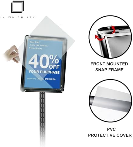IN WHICH BAY-Adjustable Heavy Duty Poster Sign Holder Stand Floor Sign Stand Aluminum Snap Open Frame for 8.5 x 11 inches both Vertical and Horizontal view Displayed Used for Living and Business(Black)