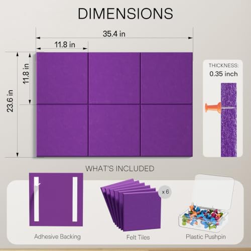 MaxGear Felt Bulletin Board 36" x 24", Violet Felt Wall Tiles Push Pins