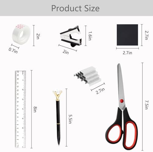 Office Supplies,School Supplies,Black Desk Accessories,Desk Organizer,Scissors,Stapler,Tape Dispenser,Binder Clips,Staples,Staple Remover,Sticky Notes,Clear Tape,Pen,Ruler,Best Gift,11pcs