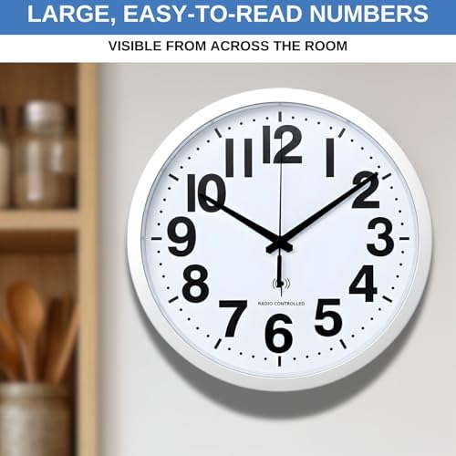 Wall Clock – 12" Atomic Analog Wall Clock with Large Numbers | Battery Operated, Radio Controlled with Automatic Daylight Saving Time | Silver Trim