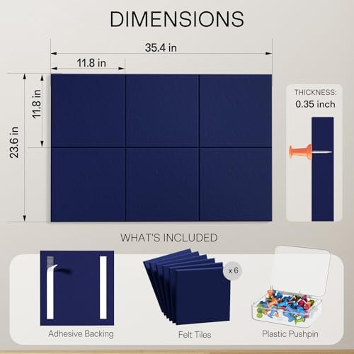 MaxGear Felt Bulletin Board 36" x 24", Dark Blue Felt Wall Tiles Push Pins
