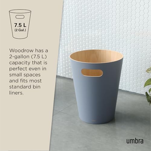 Umbra Woodrow Trash Can, Wooden Wastebasket, 2 Gallon, Slate Blue