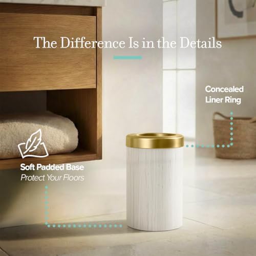 Gatco Small Bathroom Trash Can with Lid, Round 3 Gallon Stainless Steel Wastebasket, Under Sink, Matte Pearl and Brushed Brass, for Bathroom, Bedroom, Office (1931B)