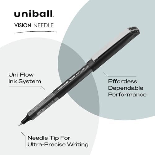 uniball Vision Needle Rollerball Pens, Micro Point (0.5mm), Black, 12 Pack