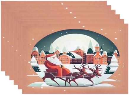 Batmerry Christmas Santa Claus Linen Placemats Set of 6, Reindeer Winter Cityscape Orange Washable Table Mats for Kitchen Table Thickened Heat Insulation Dining Set Indoor Outdoor 12X18 in