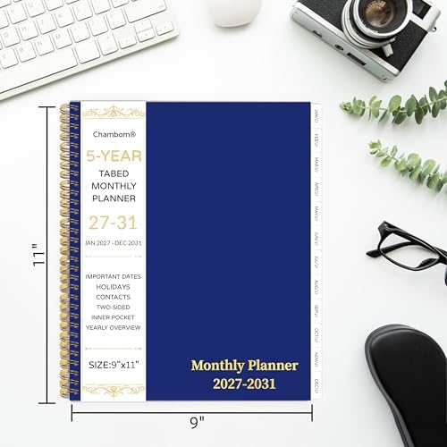 2027-2031 Monthly Planner, 5 Year Monthly Planner/Calendar 2027-2031, 60-Month Jan 2027 – Dec 2031, 9" x 11", Tabs, Double-Side Pocket, Holidays, Thick Paper - Navy Blue