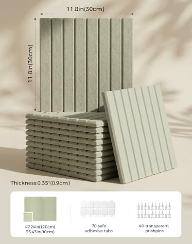 Aothia 12-Pack Felt Bulletin Board Tiles 48"x36", Modular Pin Board for Notes, Photos & Mood Boards, Cork Board Alternative for Smooth Walls, 0.35" Thick, 70 Adhesive Tabs & 40 Pins, Sage Green