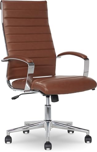 Amazon Basics High-Back Swivel Office Chair with Lumbar Support, Ergonomic Ribbed Faux Leather, Adjustable Height, 24.75"D x 23.25"W x 45.25"H, Brick Red