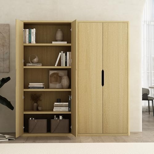 Manhattan Comfort Rivington Bookshelf 79 in Tall 5-Tier Bookcase, Modern Soft Close Storage Cabinet, Handle-Free, Round Corner Design for Living Room, Bedroom, or Home Office, Set of 2 in Natural Oak