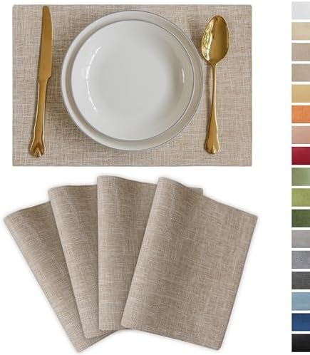 Demetex Burlap Placemats Set of 4 Heat Resistant Decorative Cloth Place Mats Wipeable Lined Linen Table Plate Mats for Party Dinner Gathering, Burlap