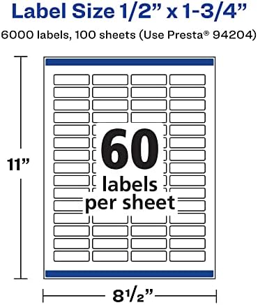 Avery® Matte White Rectangle Labels, Sure Feed® Technology, 0.5" x 1.75", 6,000 Matte White Printable Labels