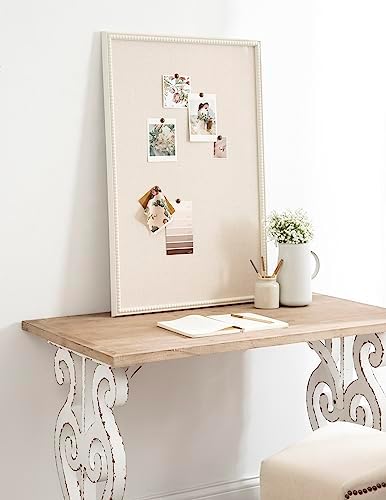 Kate and Laurel Makenna Rectangle Framed Linen Fabric Pinboard; 24 x 36; Soft White; Traditional Beaded Bulletin Board for Vintage Home Wall Organization or Aspirational Vision Board