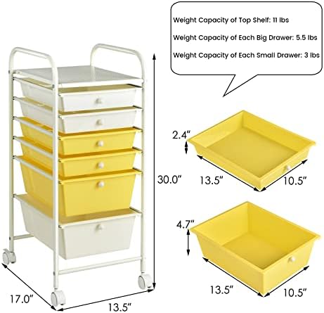 COSTWAY 6-Drawer Rolling Storage Cart, Art Craft Tools Organizer on Wheels
