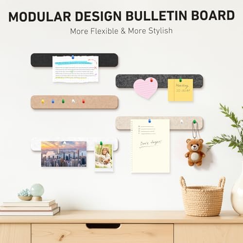HAUTOCO Felt Bulletin Strips 5 Pack, 13" x 2" Self Adhesive Pin Board with 20 Push Pins, Peel and Stick Memo Board for Photos, Notes & Wall Decor, Dorm Room, Bedroom, Office, Concrete Color