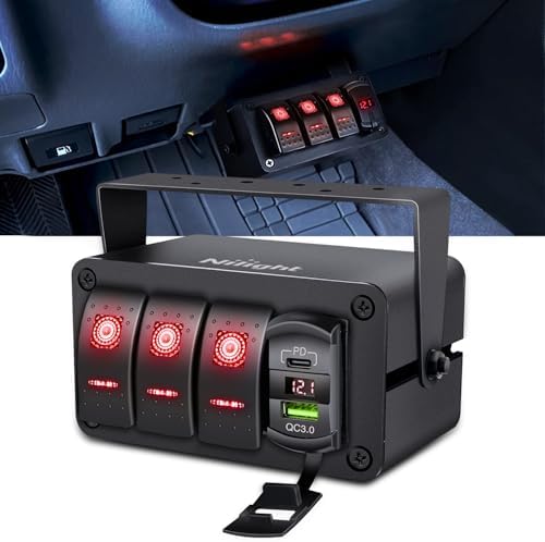 Nilight 3 Gang Rocker Switch Box 12V SPST ON Off Toggle Switches PD Type C and QC 3.0 USB Charger Voltmeter LED Light Waterproof Aluminum Mount Bracket Panel DIY Stickers for Boat Car RV Truck