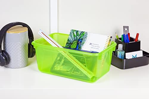 Storex Small Cubby Bins – Plastic Storage Containers for Classroom with Non-Snap Lid, 12.2 x 7.8 x 5.1 inches, Tint Green, 5-Pack (62483A05C)