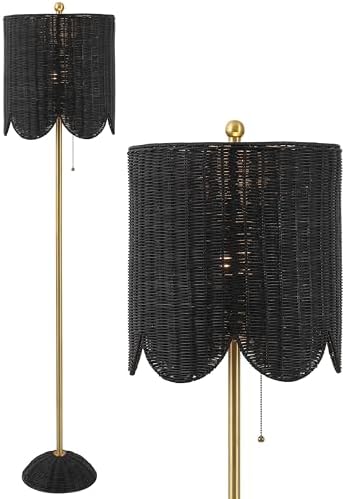 JONATHAN Y Joel Scalloped Rattan Floor Lamp 63.5", Black/Brass Gold