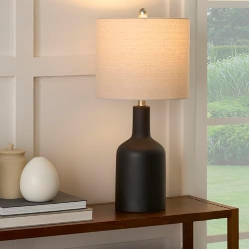 Nourison Home 22" Black Ceramic Table Lamp with Oatmeal Linen Shade for Modern Farmhouse, Bedside Lamp, Living Room Lamp, Small Accent Lamp for Dining Room