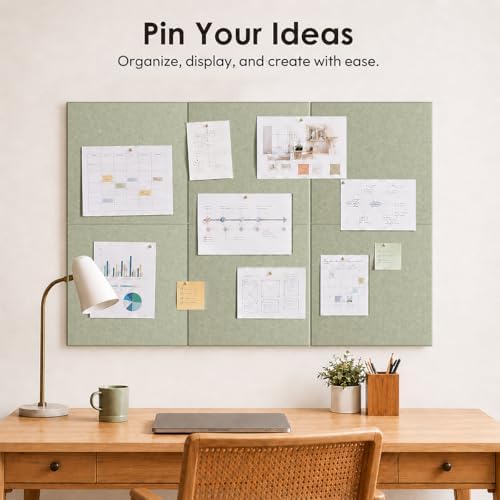 SIOLOC Felt Bulletin Board Tiles, 6 Pack Sage Green Cork Board Alternative for Walls, 36 x 24 in Felt Wall Tiles, Large Push Pin Board for Home Office, Classroom, Dorm Decor