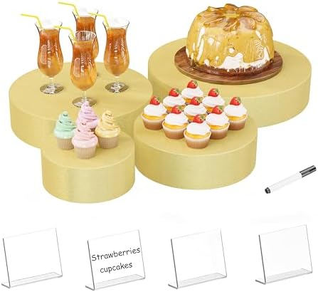 Round Metal Buffet Risers,4PCS Food Risers for Buffet Table 6in to 12in with Mini Acrylic Signs for Catering Dessert Collectibles Jewelry Figures Show Gold Cube Boxes Nesting Risers with Hollow Bottoms