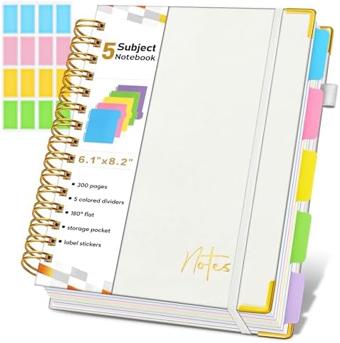 Spiral Notebook Journal with Removable Dividers Tabs, 300 Pages Hardcover Leather 5 Subject College Ruled Notebook, 6.1"x8.2" Large A5 Lined Journal for Women Men Spiral Notebook for Work School,Beige