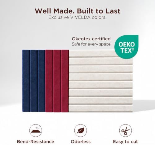 VIVELDA Felt Bulletin Board Tiles 48"x36" - 12-Pack Cork Board Alternative, Oeko-TEX Certified, NRC 0.95 Acoustic Wall Panels, Damage-Free Adhesive, Slatted Design, Home Office & Classroom (Salmon)