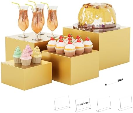 Metal Buffet Risers,4PCS Food Risers for Buffet Table 5in to 8in Display Stand with Mini Acrylic Signs for Catering Dessert Collectibles Jewelry Figures Show Gold Cube Boxes Nesting Risers with Hollow Bottoms